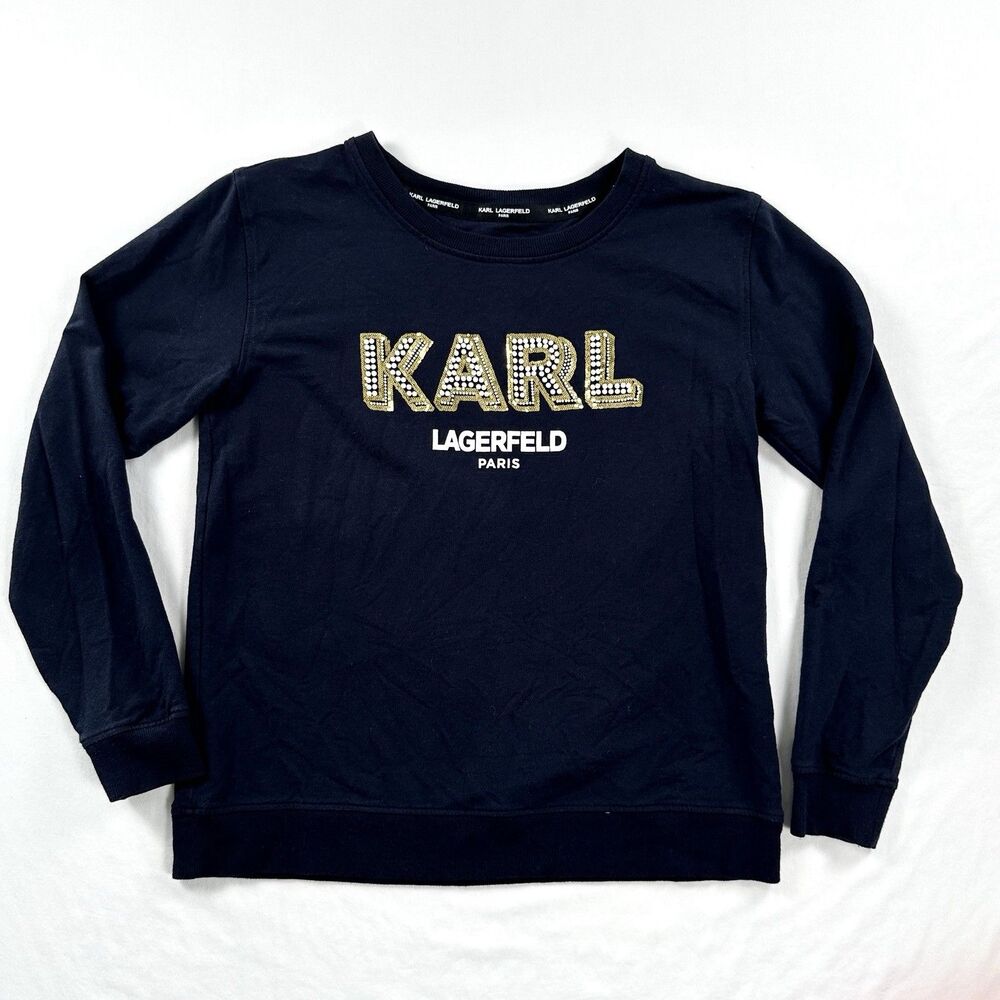 Karl Lagerfeld Long Sleeve Shirt Womens XS Black Bling Y2K Spellout Cotton Blend
